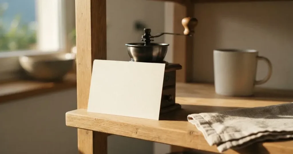 Eine leere cremefarbene Karte lehnt an einer Kaffeemühle auf einer Küchenablage.