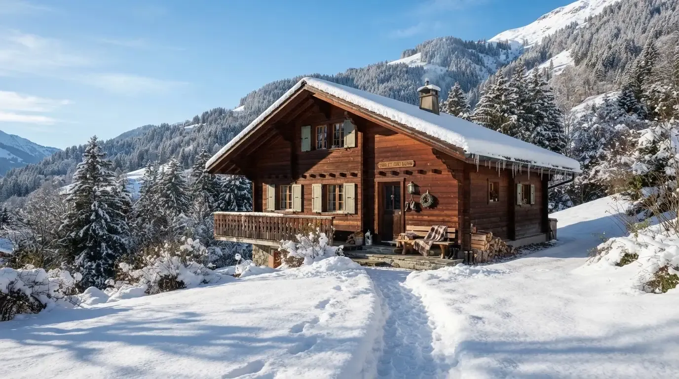 Ein Holzchalet mit Schnee auf dem Dach im klaren Sonnenlicht, davor ein geräumter Weg.