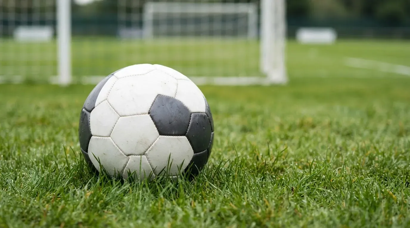 Ein Fussball auf dem Rasen aus niedriger Perspektive aufgenommen, die Torpfosten verschwimmen im Hintergrund.