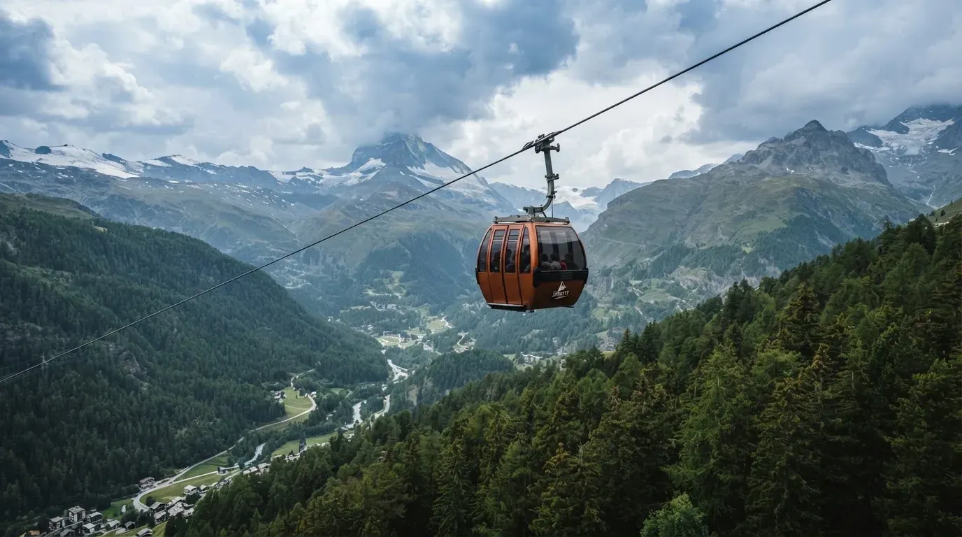 Eine Gondel einer Seilbahn schwebt über einem Tal mit Nadelwald, dahinter ziehen Wolken auf.