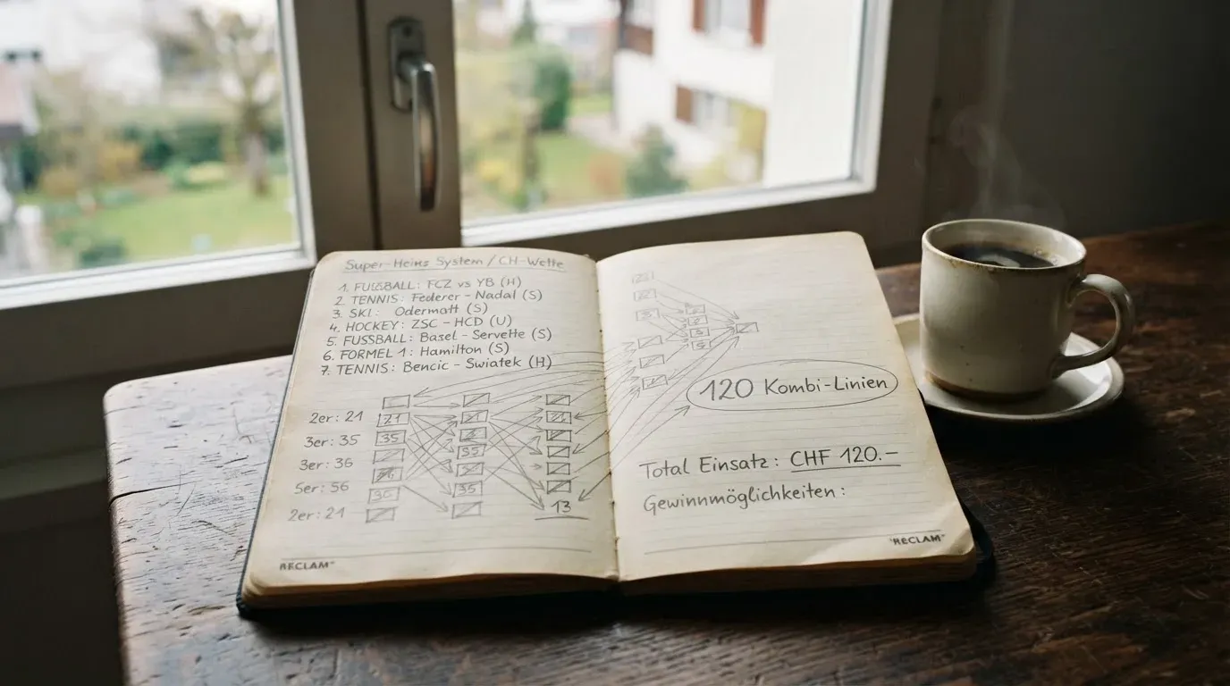 Ein aufgeschlagenes Notizbuch mit handschriftlichen Pfeilen und Kästchen liegt neben einer Kaffeetasse auf einem Schreibtisch am Fenster.