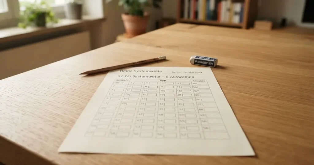 Ein leerer Wettschein aus Papier liegt neben einem Bleistift und einem Radiergummi auf einem hellen Holztisch im Tageslicht.