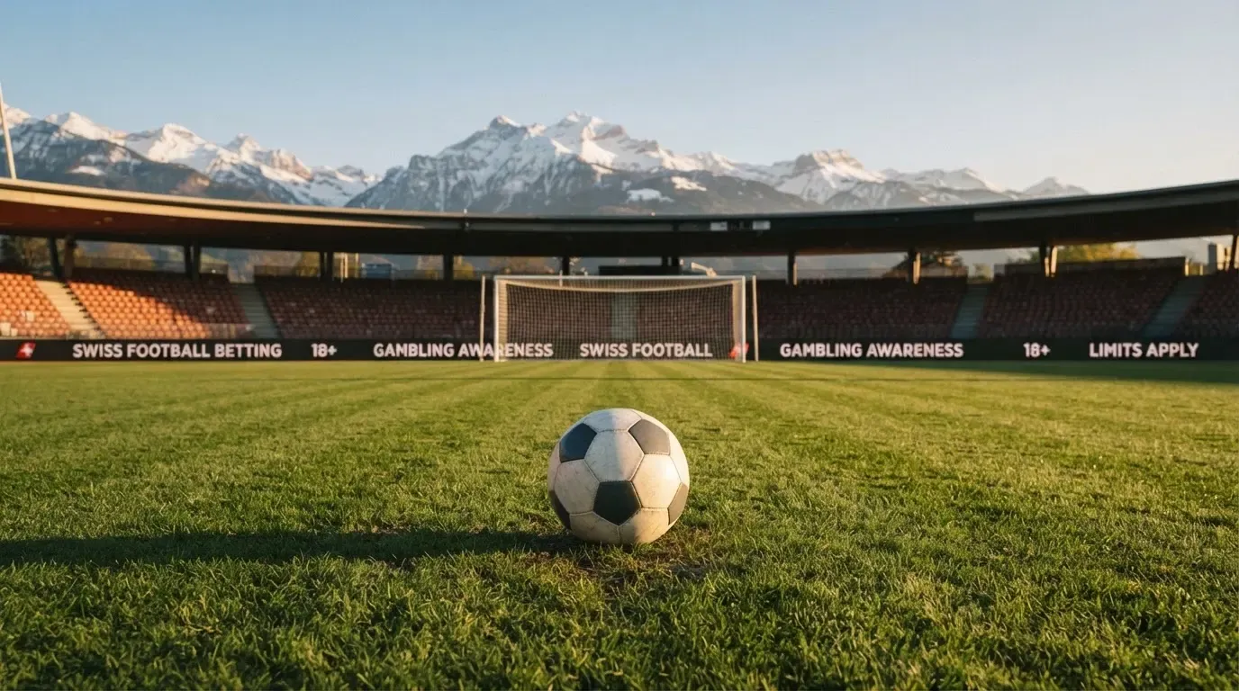 Ein Fussball liegt auf dem Rasen eines leeren Stadions am frühen Abend, dahinter erheben sich schneebedeckte Berge unter klarem Himmel.