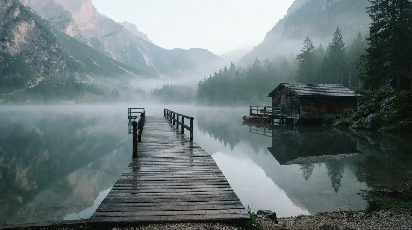 Ein Holzsteg führt über einen ruhigen Bergsee zu einem kleinen Bootshaus, über dem Wasser hängt Morgennebel.
