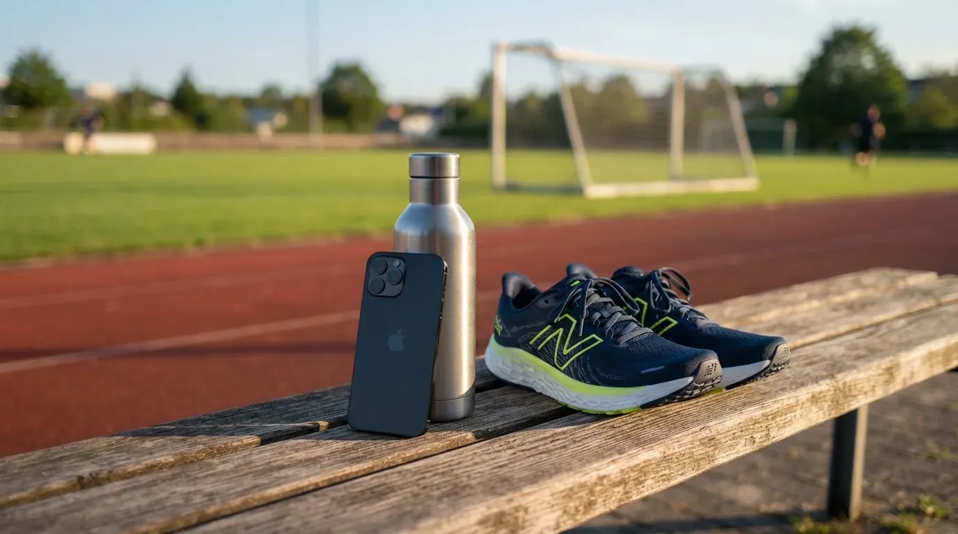 Ein Smartphone mit dunklem Bildschirm lehnt an einer Wasserflasche, daneben stehen Laufschuhe auf einer Bank am Sportplatz.