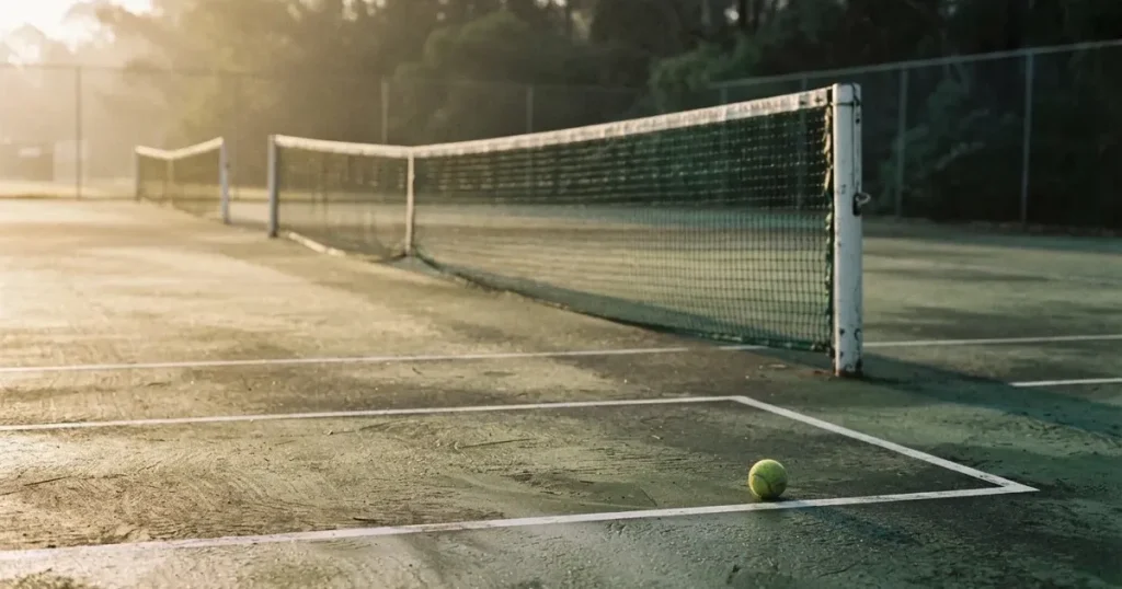 Ein Tennisplatz im ersten Morgenlicht, das Netz hängt leicht durch und auf der Grundlinie liegt ein einzelner Ball.