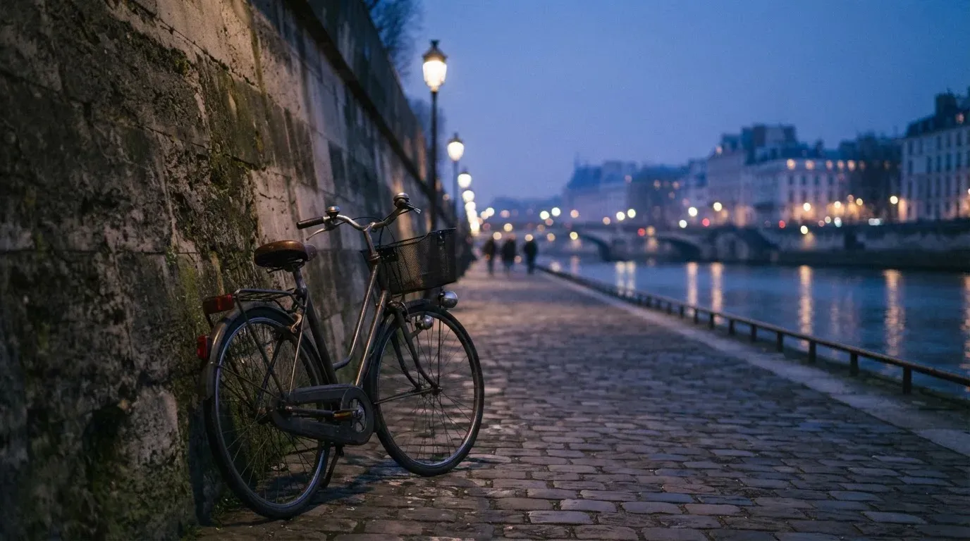 Ein Velo lehnt an einer Steinmauer am Ufer eines Flusses, die Strassenlaternen leuchten in der Dämmerung.