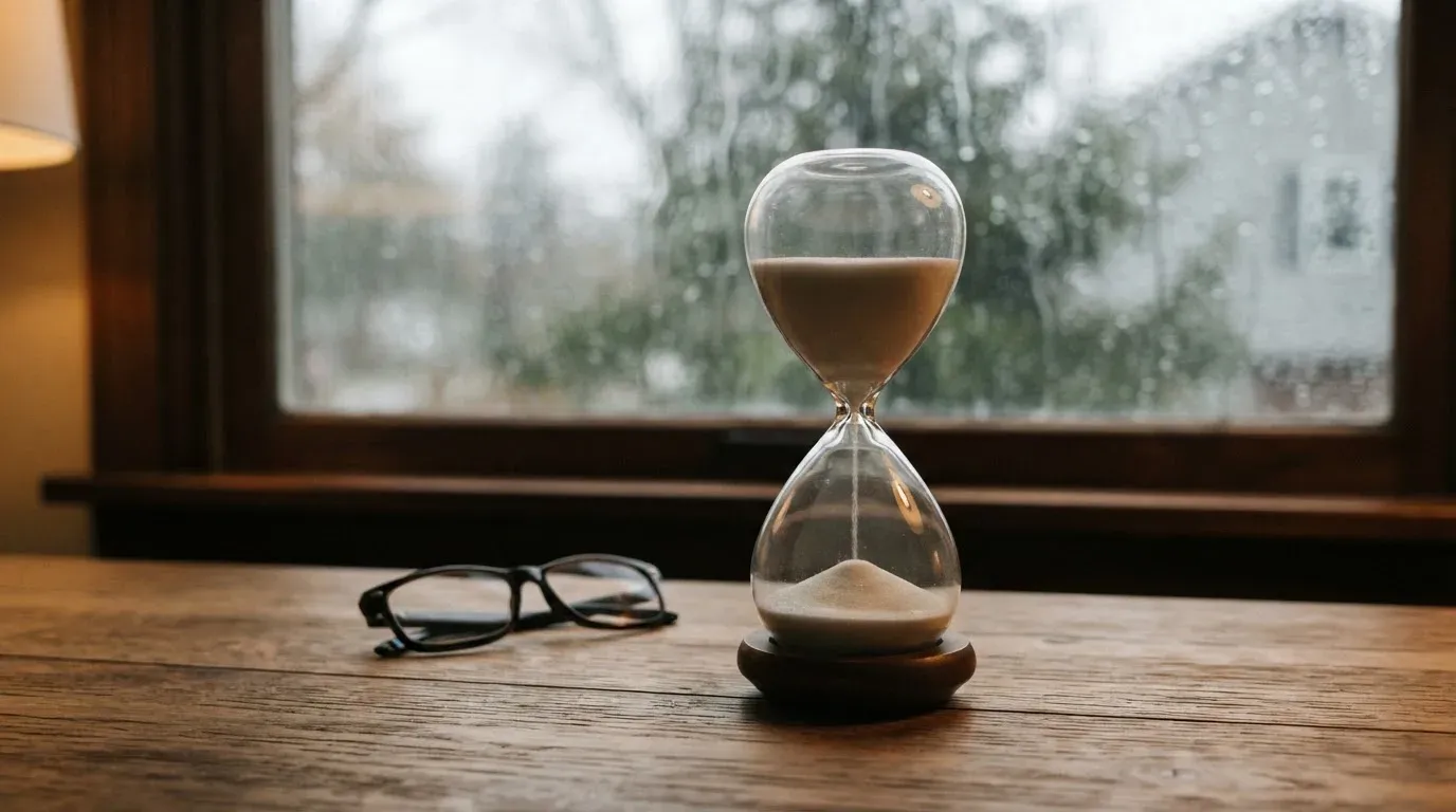Eine Sanduhr steht auf einem Holztisch neben einer Brille, hinter dem Fenster laufen Regentropfen über das Glas.