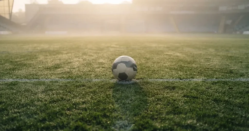 Ein Fussballplatz im Morgennebel, im Mittelkreis liegt ein einzelner Ball und der Rasen glänzt vom Tau.