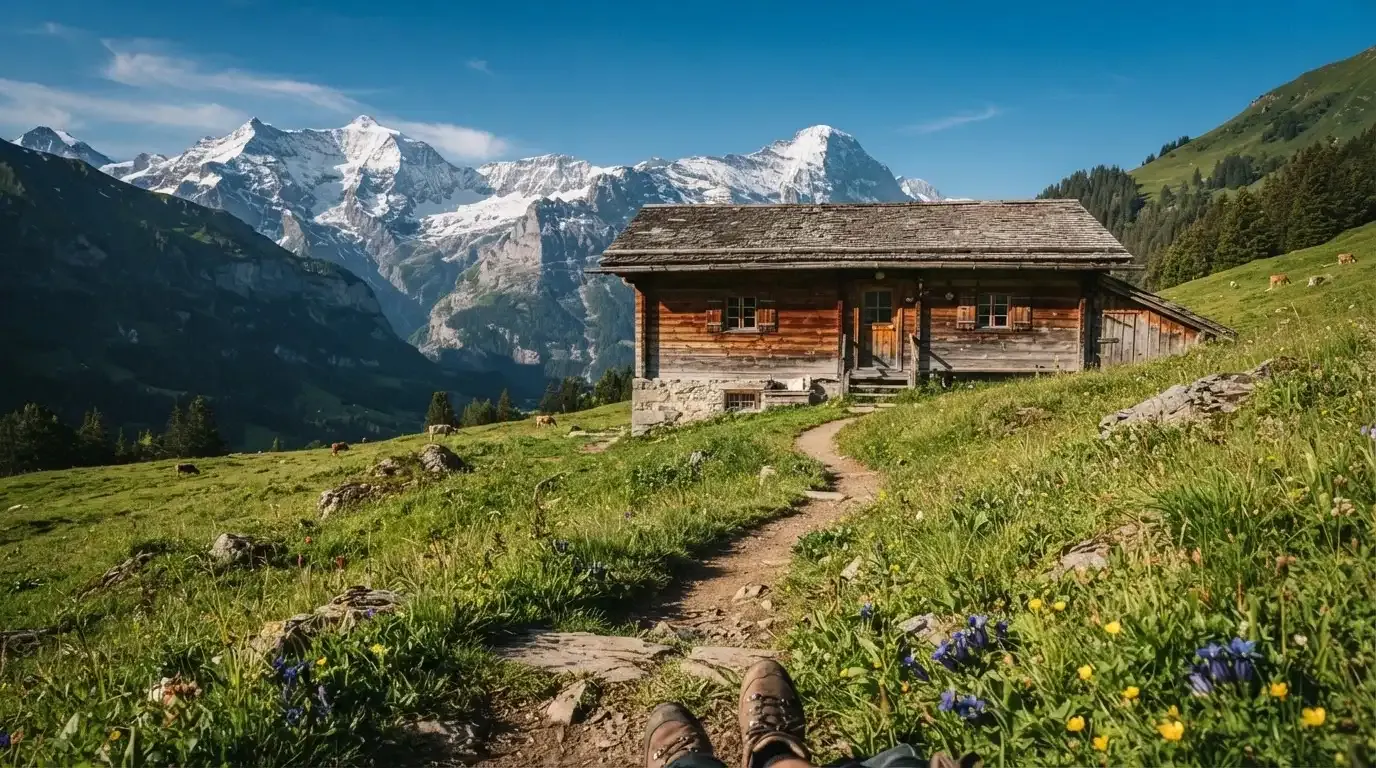 Ein Wanderweg führt über eine Alpwiese zu einem Holzchalet, dahinter ragen verschneite Gipfel in den Himmel.