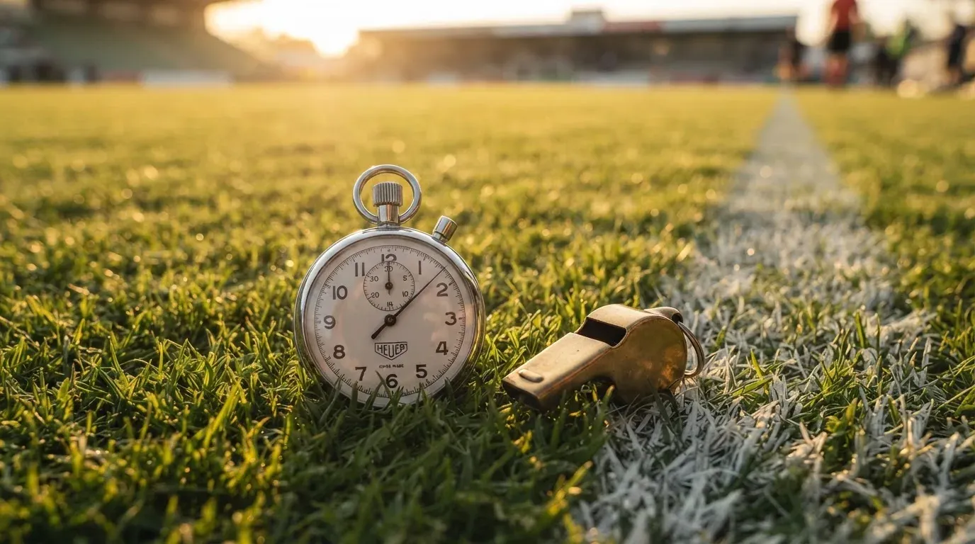 Eine Stoppuhr liegt neben einer Trillerpfeife auf einem Stück Rasen an der Seitenlinie eines Fussballfelds im Gegenlicht.