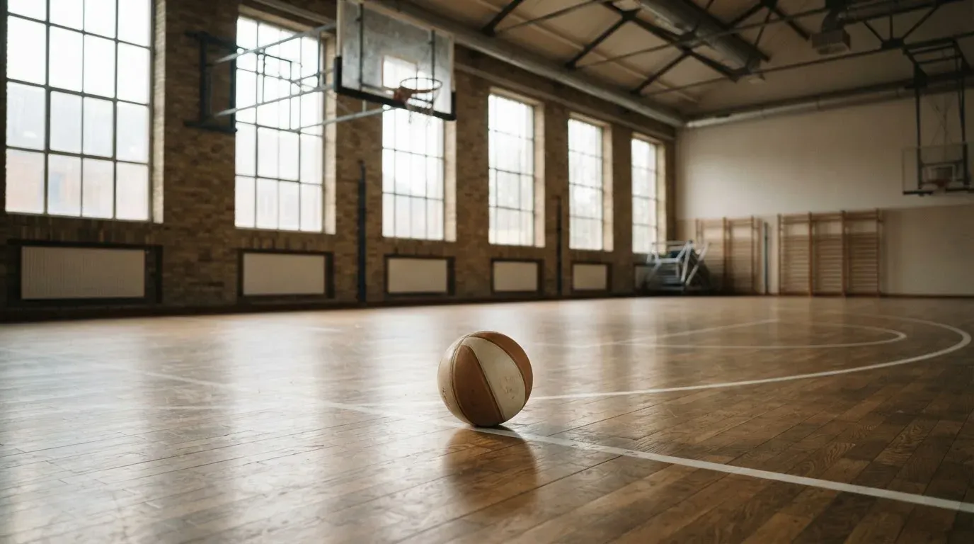 Ein Basketball liegt unter dem Korb in einer leeren Sporthalle, durch hohe Fenster fällt Tageslicht auf das Parkett.