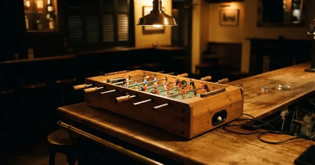 Ein hölzerner Tischfussball steht in einer leeren Bar, die Stangen mit den Figuren glänzen im Gegenlicht einer Lampe.