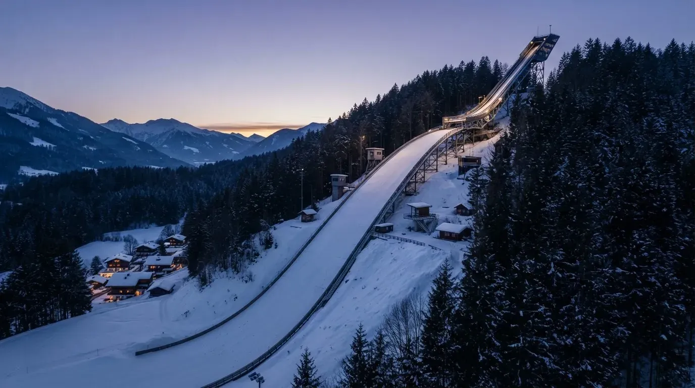 Eine Skisprungschanze ragt in der Dämmerung über einen Wald in den Alpen, der Auslauf liegt verschneit und leer da.