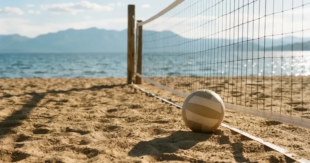 Ein Volleyball liegt am Fuss des Netzes auf Sand, im Hintergrund glitzert ein See und ein Bergzug steht im Dunst.