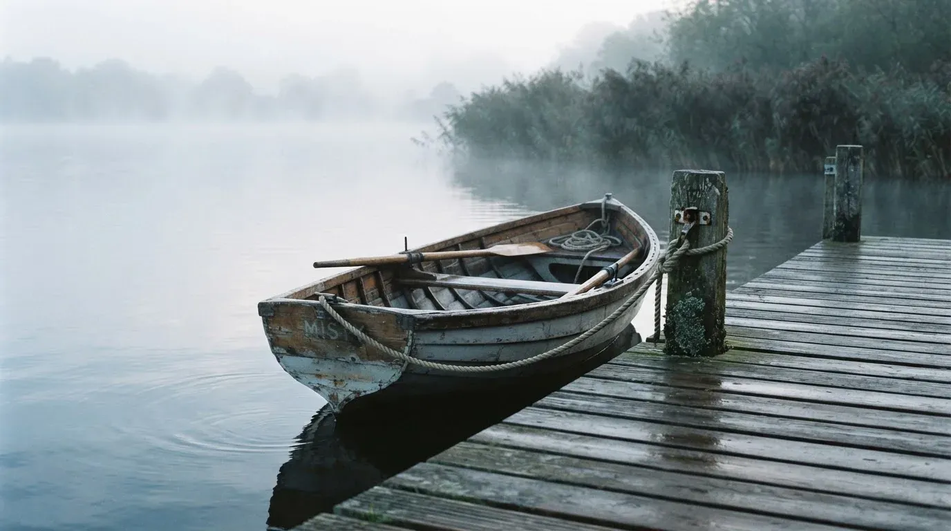 Ein Ruderboot liegt an einem Steg am Ufer eines Sees, über dem Wasser steigt dünner Nebel auf.