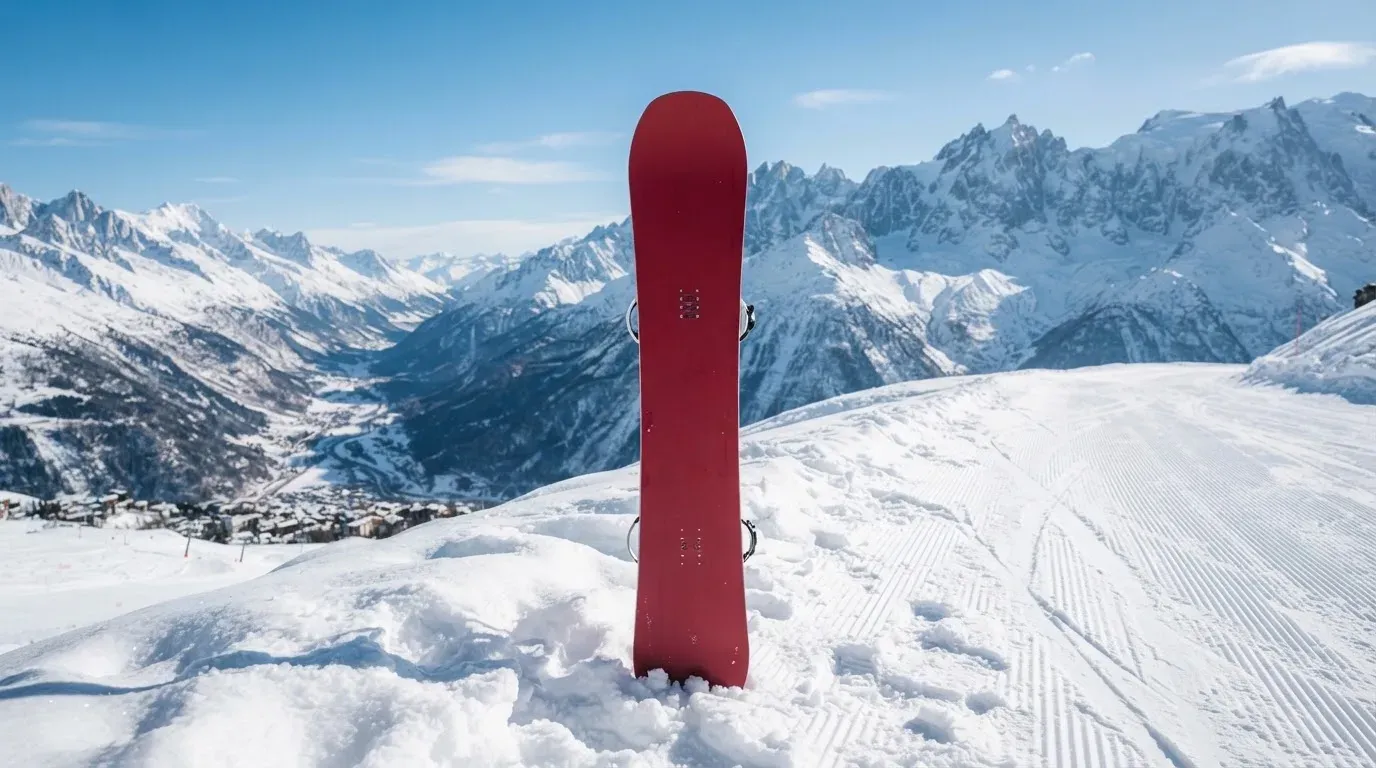 Ein Snowboard steckt aufrecht im Schnee am Rand einer Piste, dahinter spannt sich klarer Himmel über verschneiten Gipfeln.