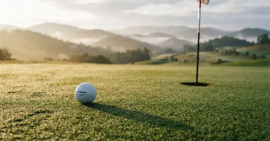 Ein Golfball liegt auf dem Grün nahe beim Loch, dahinter erstrecken sich sanfte Hügel im Nebel.