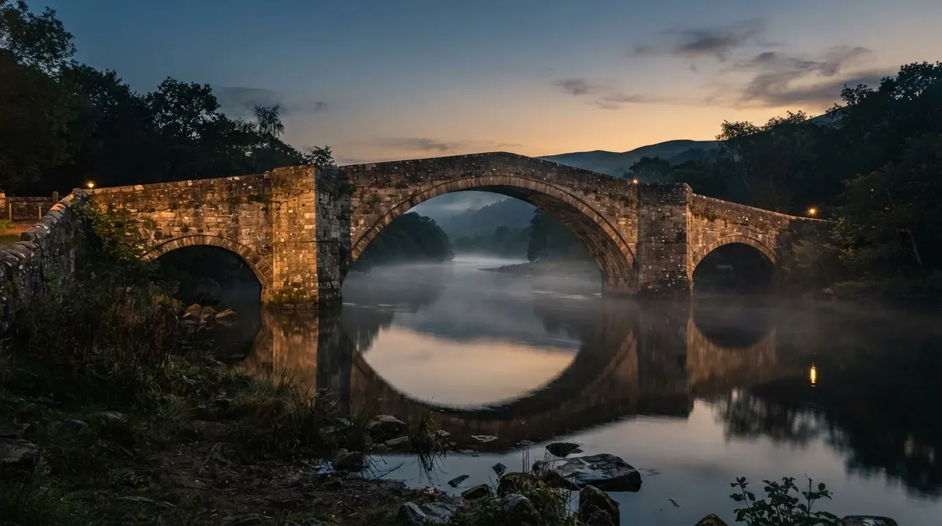 Eine Steinbrücke spannt sich in der Dämmerung über einen Fluss, auf dem Wasser liegt leichter Nebel.