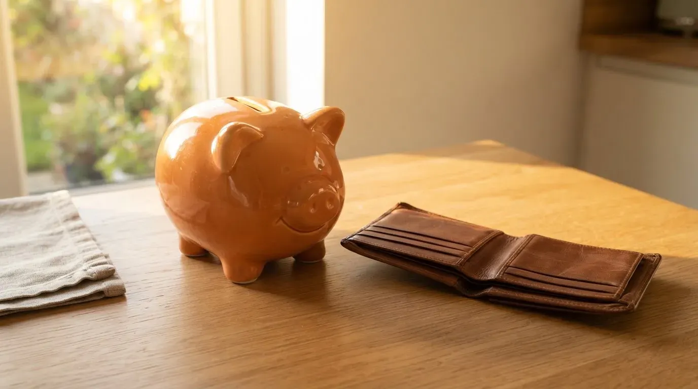 Ein Sparschwein aus Keramik steht auf einem Küchentisch neben einer leeren Geldbörse im Licht des Morgens.