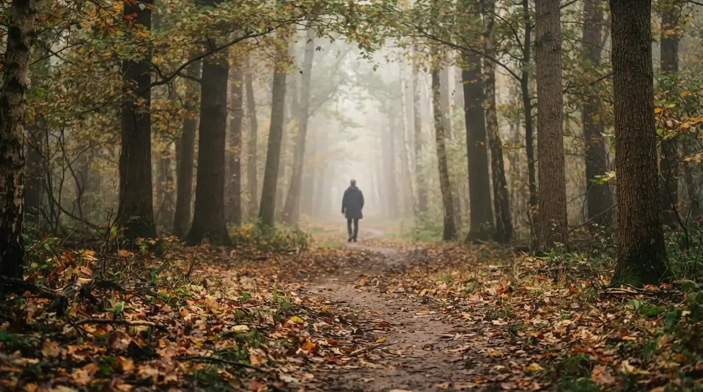 Ein Waldweg im Herbst mit buntem Laub, in der Ferne geht eine einzelne kleine Gestalt zwischen den Bäumen.