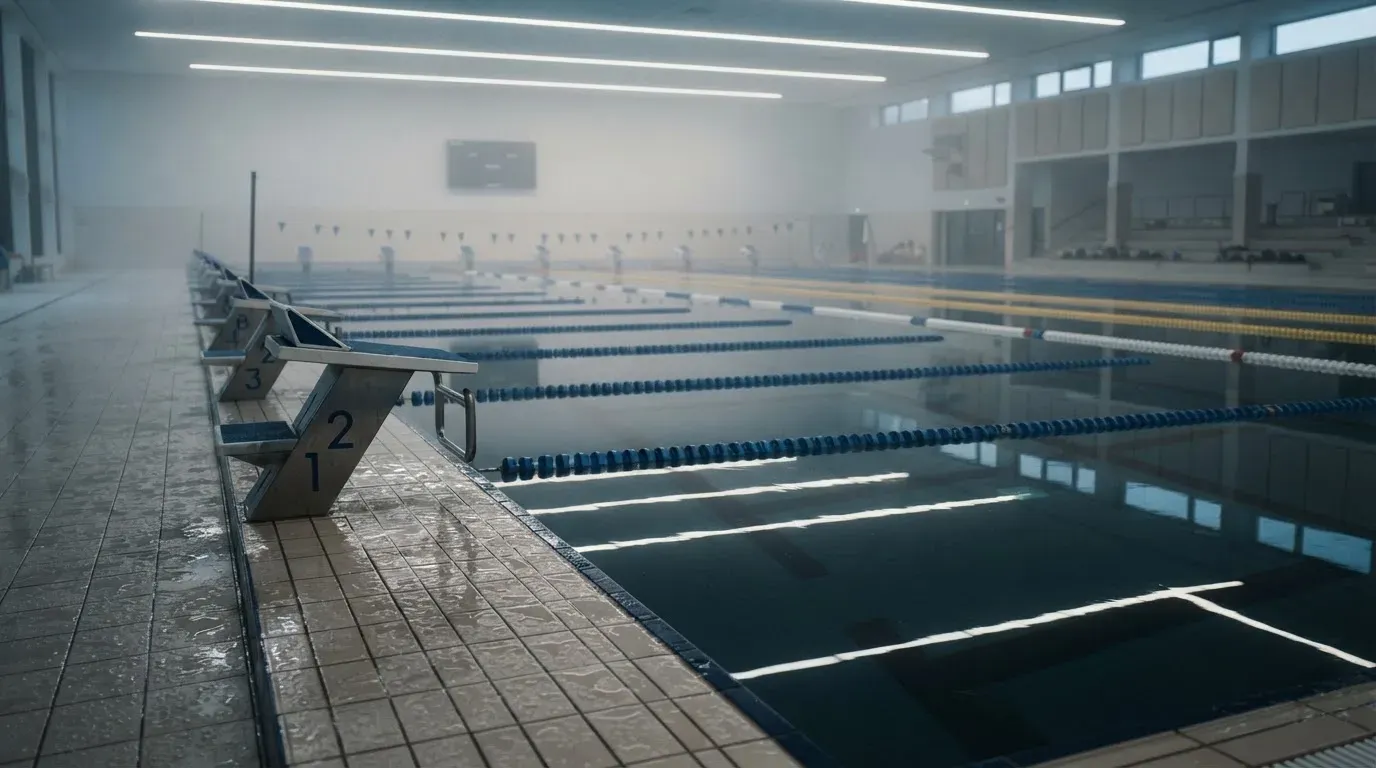 Ein leeres Schwimmbecken mit Startblöcken am Morgen, die Wasseroberfläche ist ruhig und spiegelt die Deckenlampen.