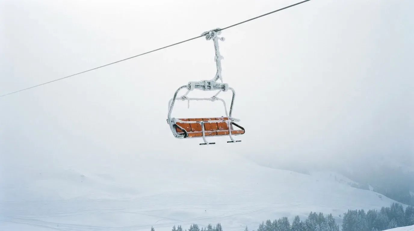 Ein Sessellift fährt leer durch dichten Nebel über eine winterliche Alp, unter ihm liegt unberührter Schnee.