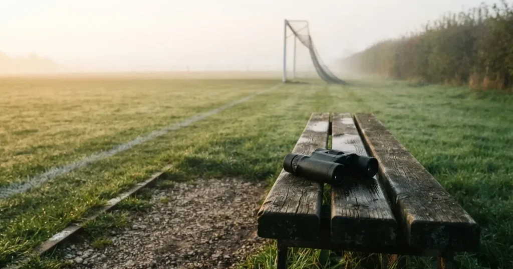 Ein Fernglas liegt auf einer leeren Holzbank an der Seitenlinie eines Fussballfelds, vom Rasen steigt Nebel auf.