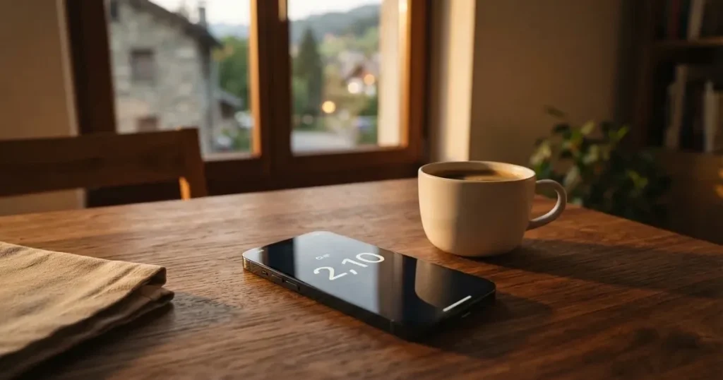 Ein Smartphone mit dunklem Display liegt auf einem Holztisch neben einer Kaffeetasse, durch das Fenster fällt warmes Abendlicht.
