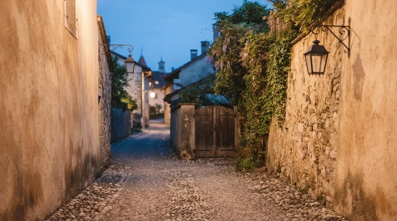 Ein schmaler Kiesweg führt zwischen zwei hellen Mauern durch eine Schweizer Altstadt, die Laternen sind noch nicht angezündet.