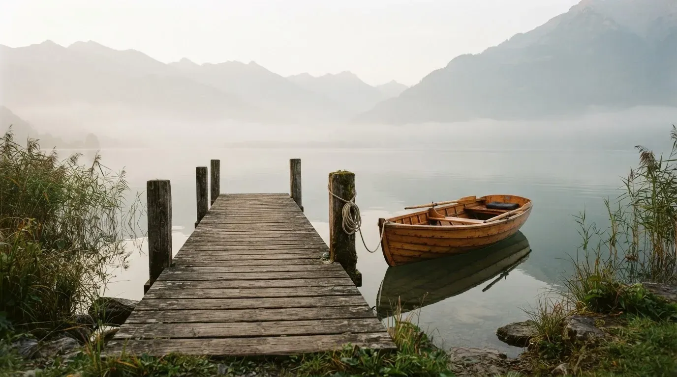 Ein Seeufer mit einem Holzsteg und einem vertäuten Ruderboot im Morgennebel, im Hintergrund die Silhouette von Bergen.