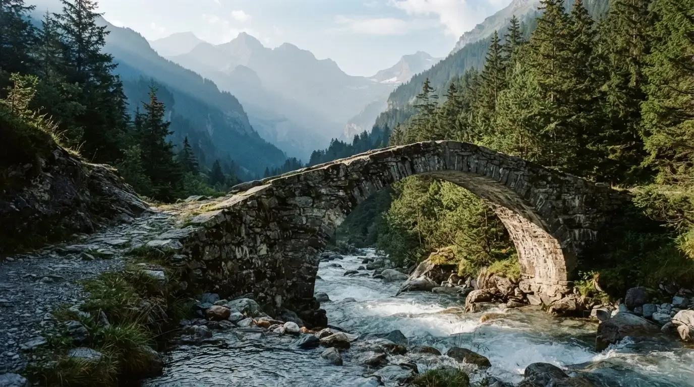Eine Steinbogenbrücke überspannt einen Bergbach in den Alpen im Morgenlicht, an den Hängen stehen dunkle Nadelbäume.