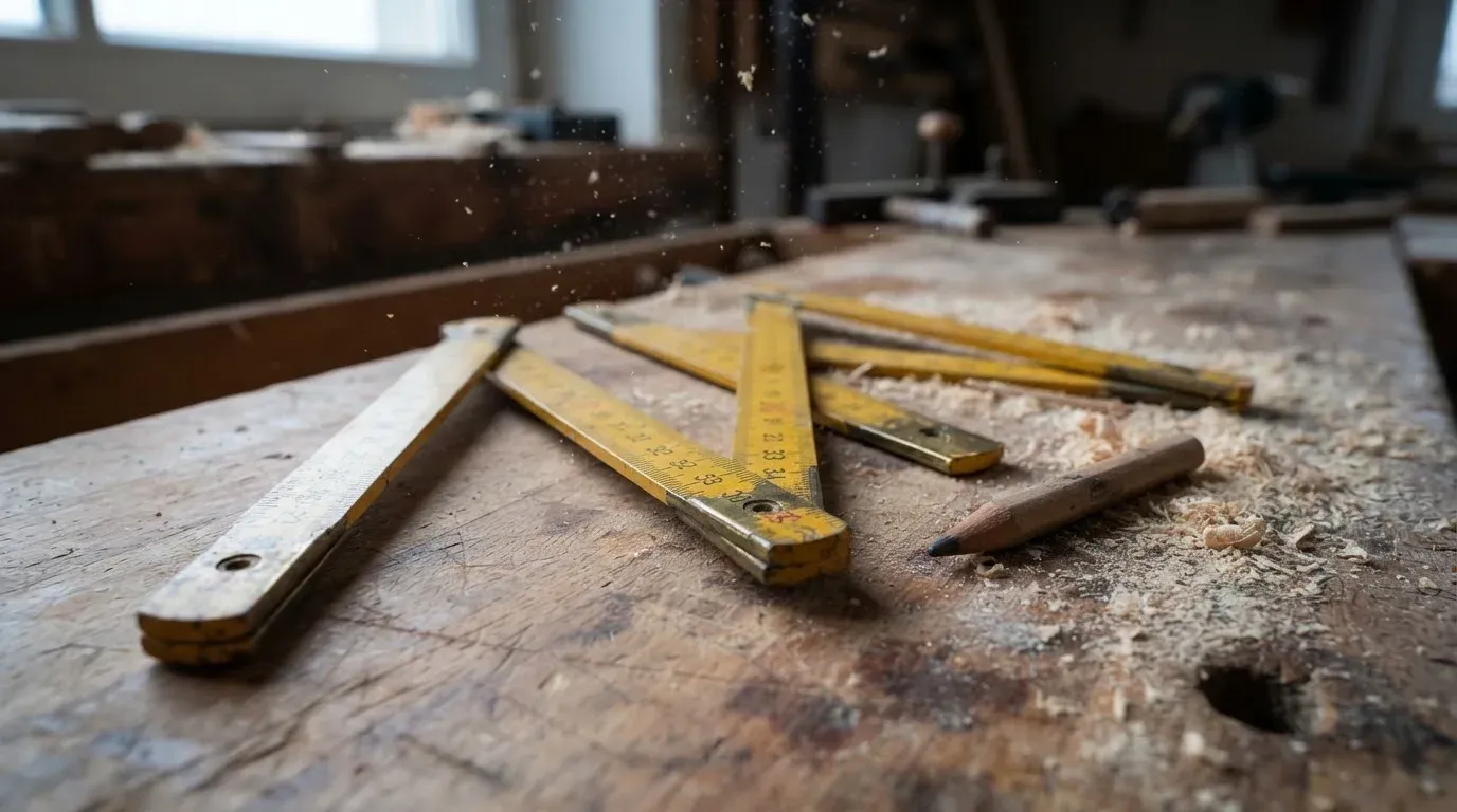 Ein ausgeklappter Zollstock liegt auf einer Werkbank, daneben ein Bleistiftstummel im feinen Sägemehl.