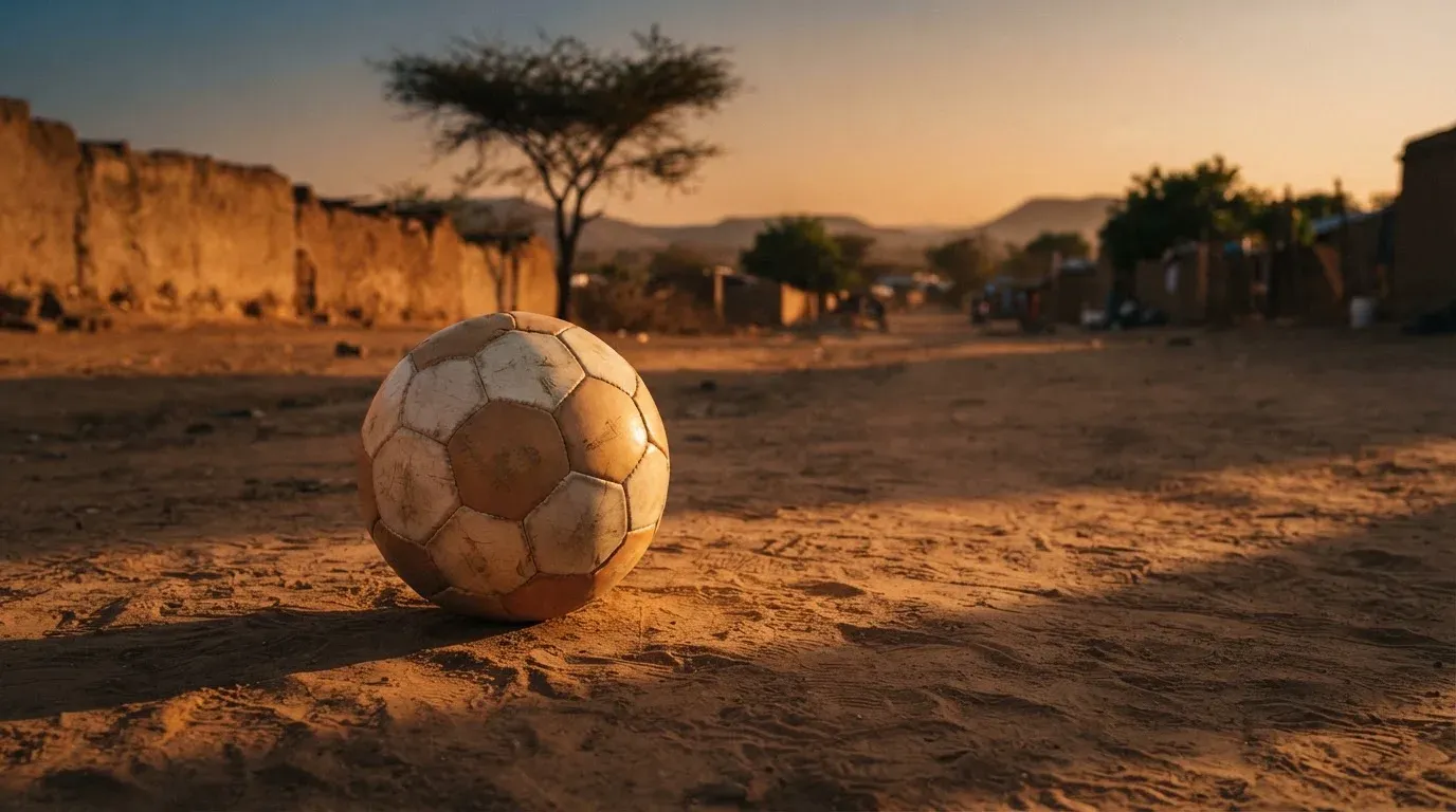 Ein Fussball liegt auf rotbraunem Sand am Rand eines Dorfes, die Abendsonne wirft lange Schatten.