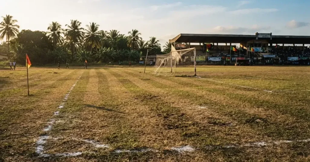 Ein ausgetrockneter Fussballplatz mit Rasenstreifen im warmen Nachmittagslicht, im Hintergrund Palmen und ein flaches Stadiondach.
