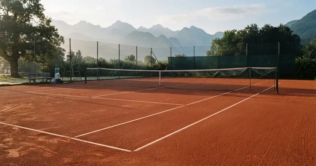 Ein Sandplatz im ersten Morgenlicht, die Linien sind frisch gezogen, das Netz bewegt sich leicht im Wind, Berge im Dunst.