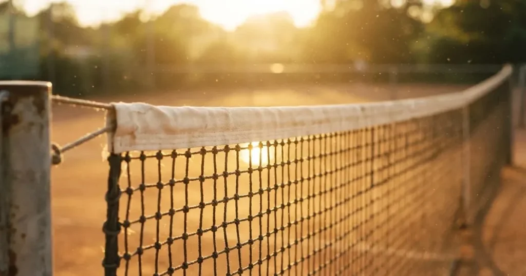Ein Tennisnetz in Nahaufnahme im Gegenlicht der tiefstehenden Sonne, feine Staubkörner schweben über dem Platz.