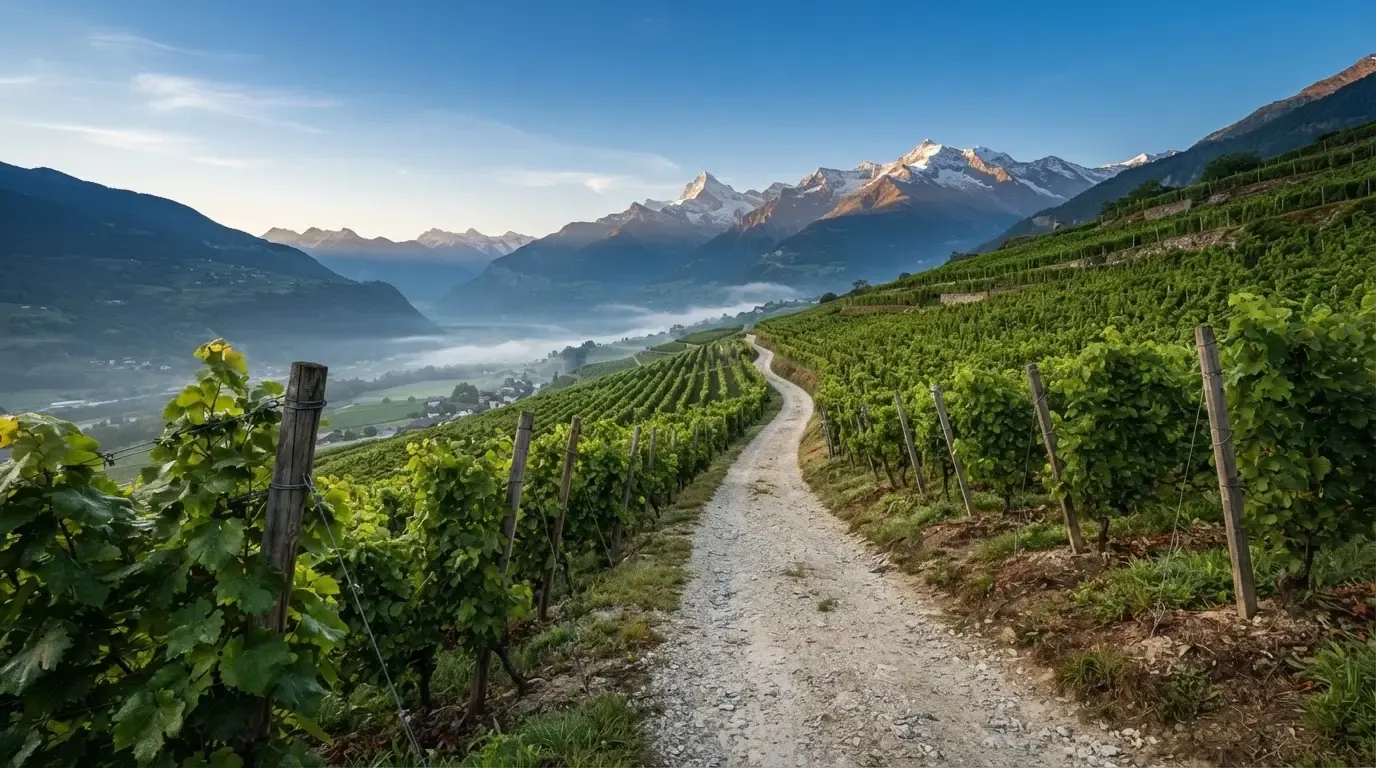 Ein Feldweg zwischen Weinreben im Wallis bei Sonnenaufgang, im Hintergrund hohe Berge und klare Luft.