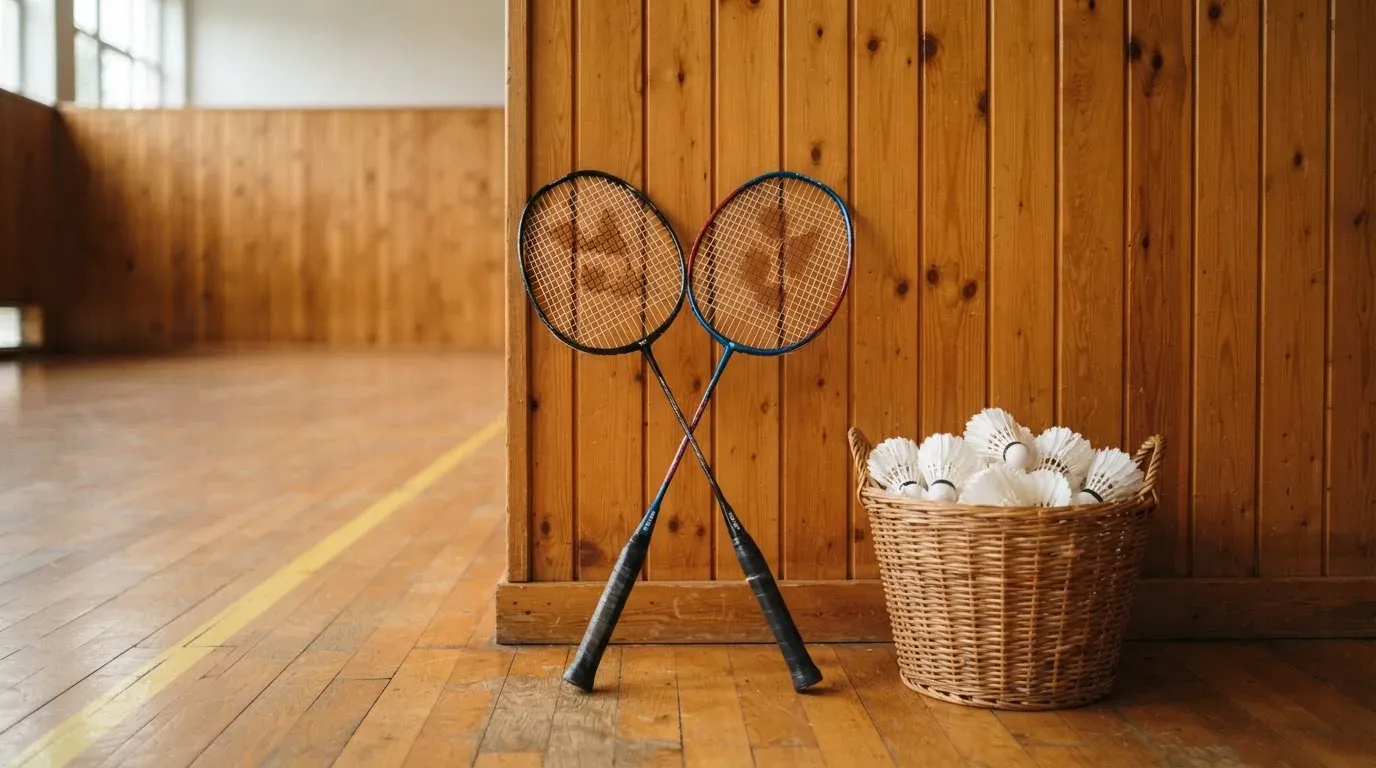 Zwei Badmintonschläger lehnen gekreuzt an einer Hallenwand aus Holz, daneben steht ein Korb mit Federbällen.