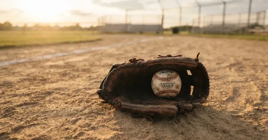 Ein Lederhandschuh und ein Ball liegen auf dem Sandboden eines leeren Spielfelds, die tiefstehende Sonne wirft lange Schatten.
