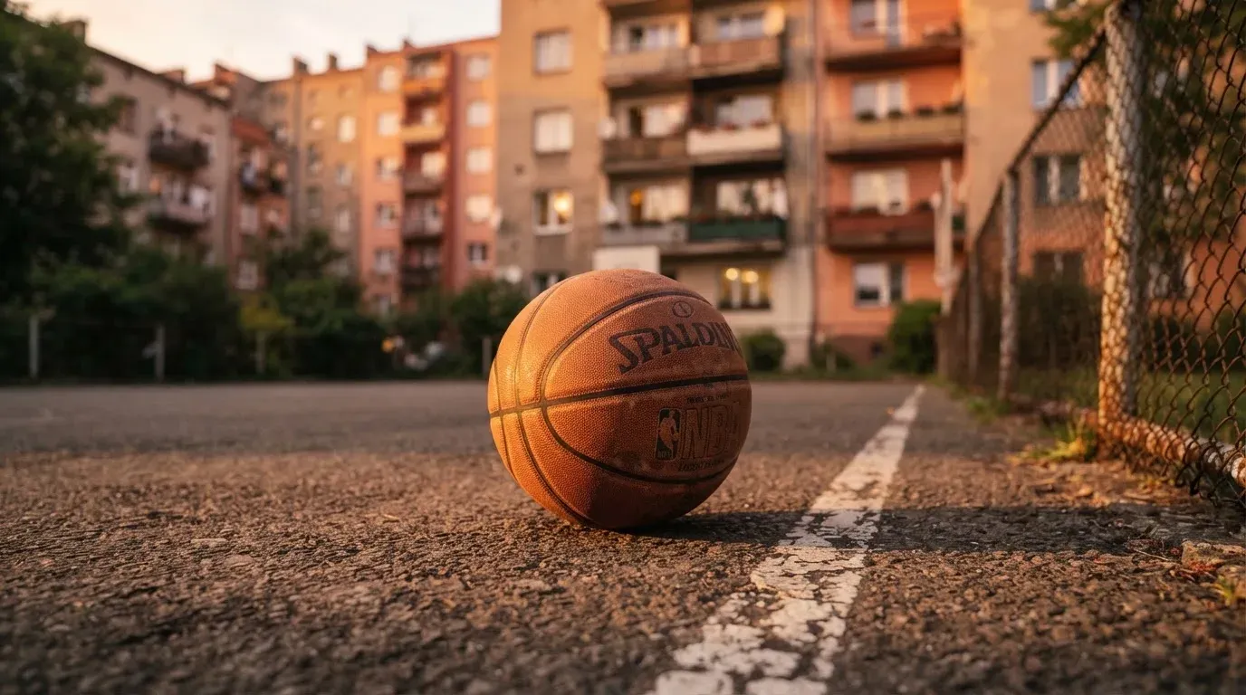Ein Basketball liegt auf einem Asphaltplatz in einem Hinterhof zwischen Wohnblöcken, das Abendlicht färbt die Wände warm.