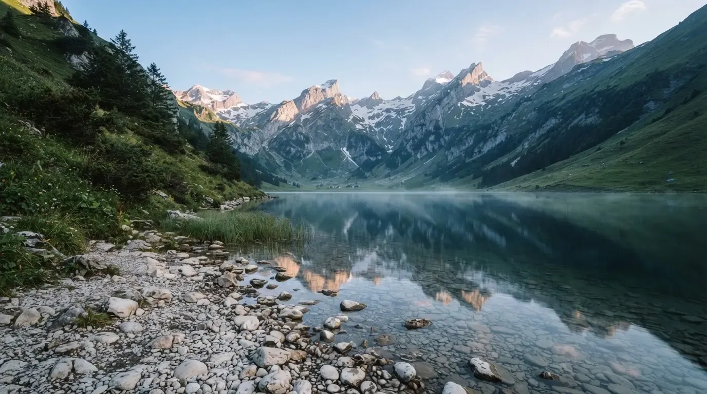Ein Bergsee mit ruhigem Wasser und Gipfeln im Morgenlicht, am Ufer liegen glatte Steine.