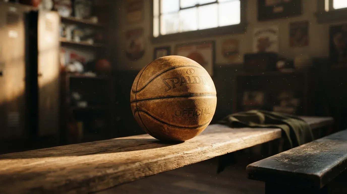 Ein abgenutzter Lederball liegt auf einem Holzregal in einem Vereinsraum, ein Sonnenstrahl macht den Staub sichtbar.