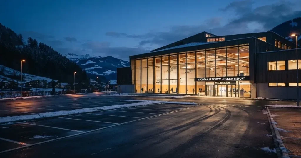 Eine Sporthalle von aussen in der Dämmerung mit erleuchteten Fenstern, davor ein leerer Parkplatz mit etwas Schnee.
