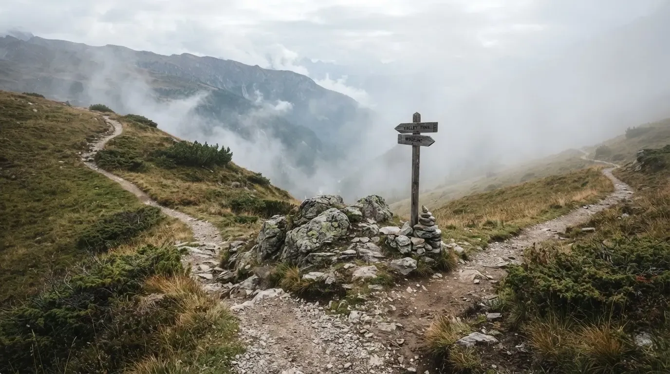 Eine Weggabelung auf einer Alpweide, zwei Pfade teilen sich zwischen Steinen, im Tal steigt Nebel auf.