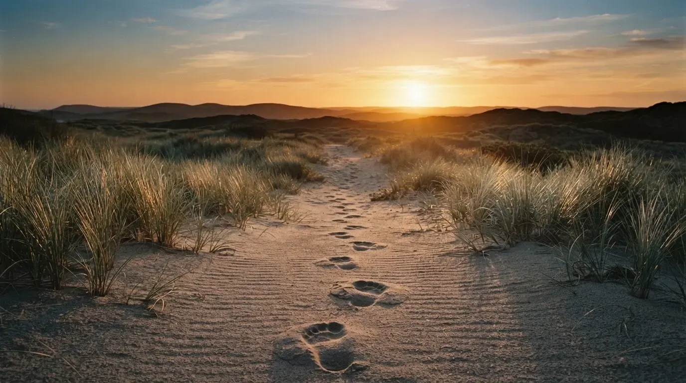 Spuren im Sand führen durch Dünengras auf den Horizont zu, die Sonne steht tief und färbt den Himmel orange.