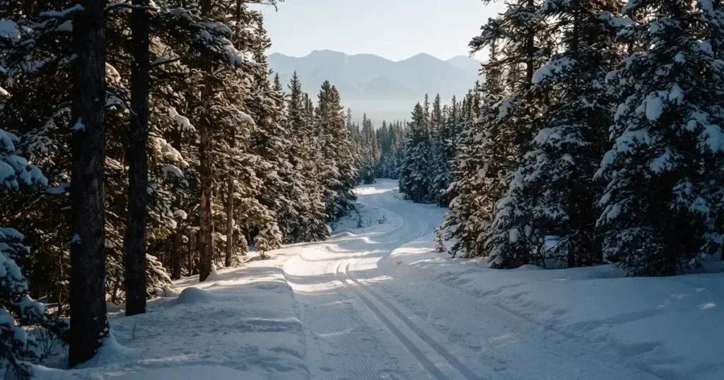 Eine verschneite Langlaufloipe führt durch Tannenwald im Morgenlicht, frische Spuren im Schnee, dahinter Berge im Dunst.