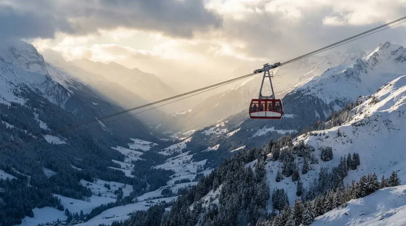 Eine Seilbahnkabine schwebt über einem verschneiten Tal, die Sonne bricht durch die Wolken und beleuchtet die Hänge.
