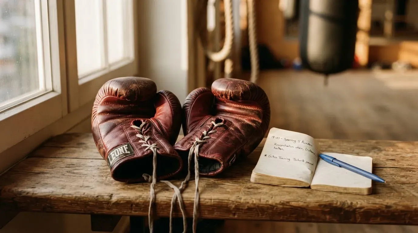 Ein Paar Boxhandschuhe aus Leder liegt auf einer Holzbank neben einem Notizbuch mit handgeschriebenen Zeilen, warmes Fensterlicht