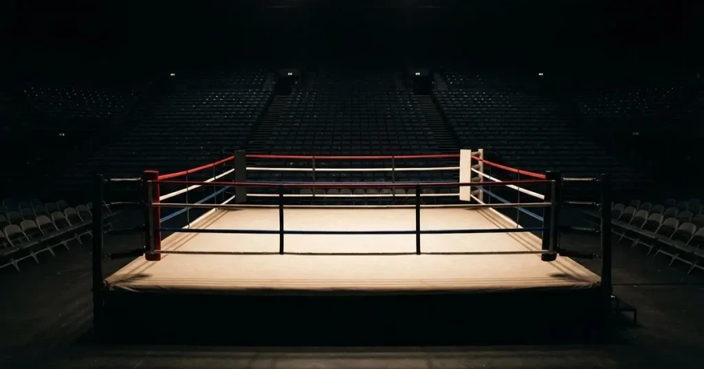 Ein leerer Boxring mit gespannten Seilen unter hellem Hallenlicht, dahinter ansteigende Zuschauerränge in einer grossen dunklen Halle